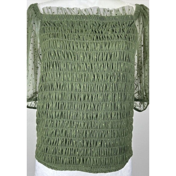 Torrid Dot Mesh Square Neck Smocked Top in Olive Plus Size 2X (18-20) - Picture 7 of 12